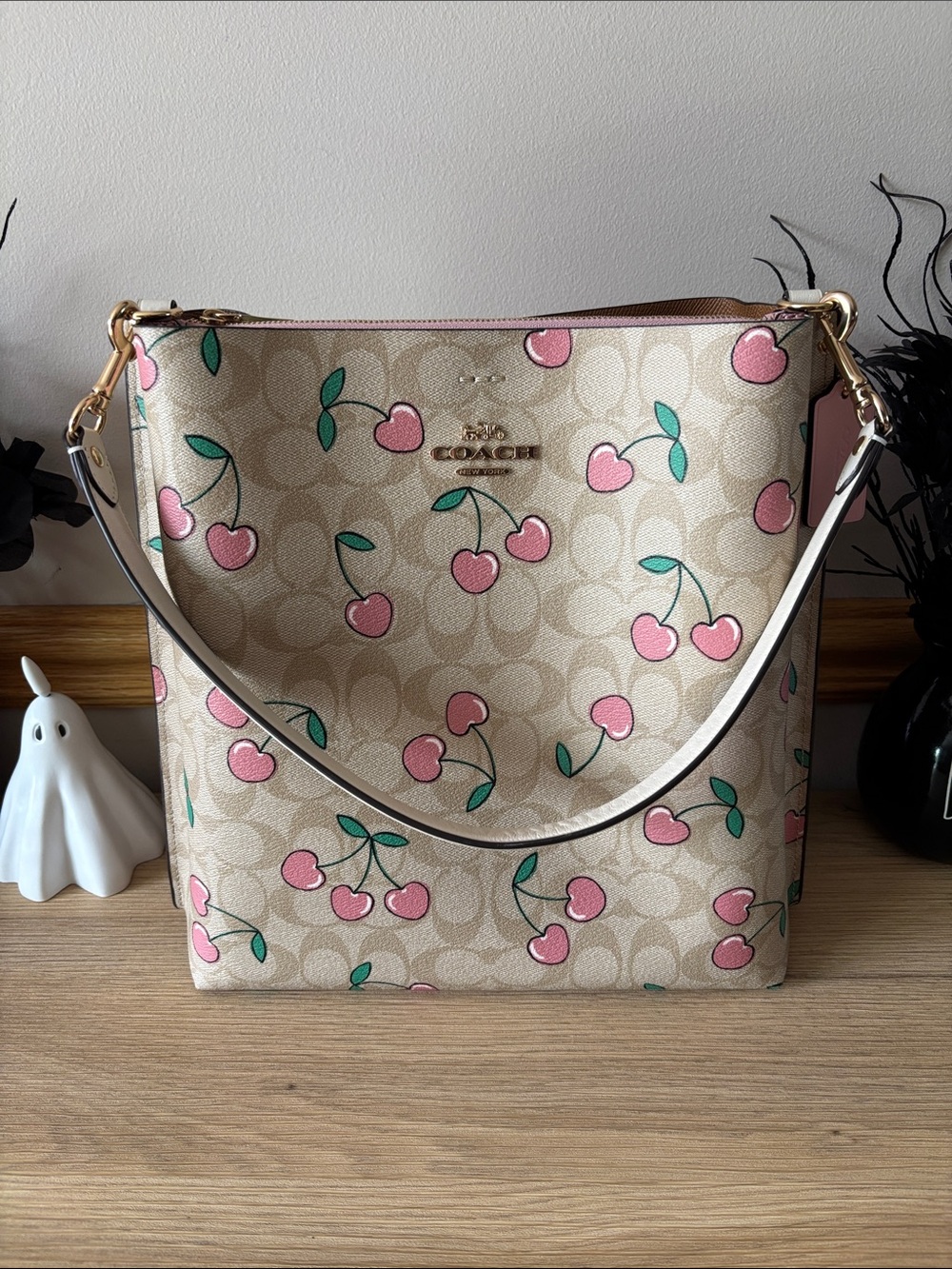 Coach Mollie Bucket Bag In Signature Canvas With Pink Cherry Print